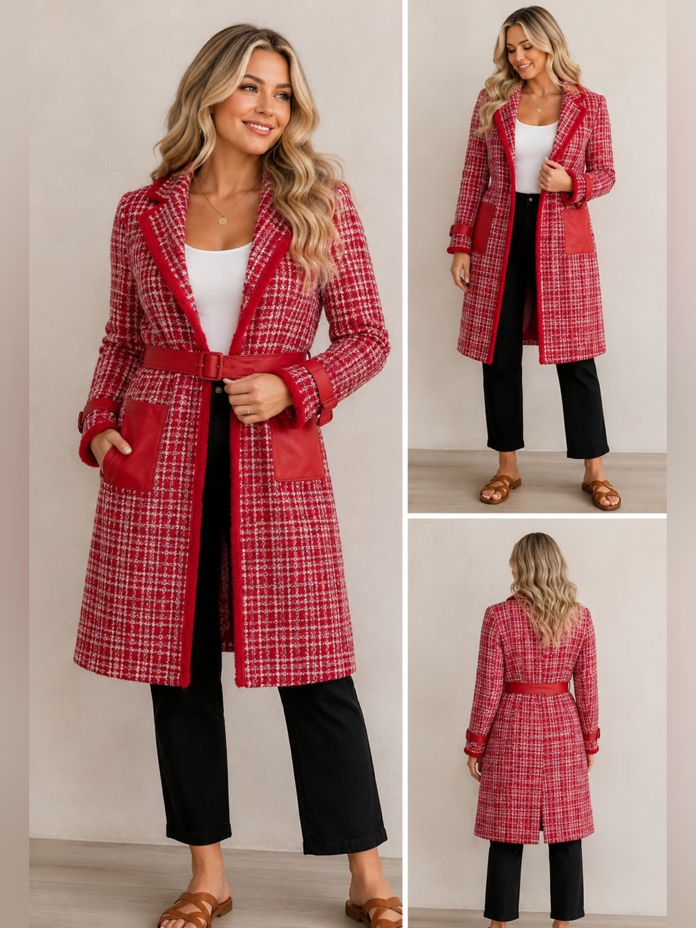 B. Coature Red Tweed Belted Coat – NWT – Faux Leather & Faux Fur Trim